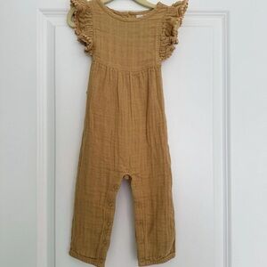 City Mouse boutique organic cotton mustard colored ruffle romper size 18-24